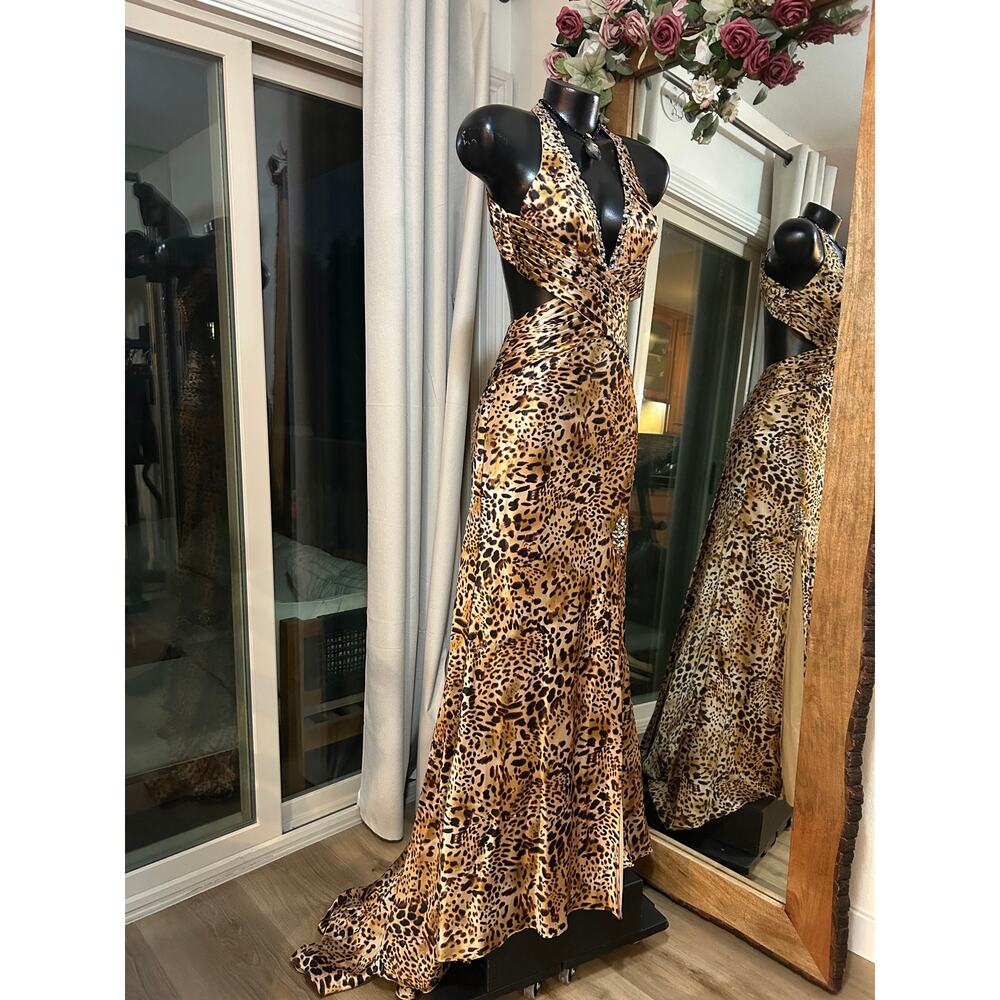 Vintage Y2K Morilee Leopard Print Halter Prom Dress Gown S MSRP $450